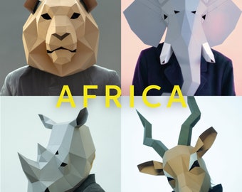 May include: Four paper masks of animals native to Africa: a lion, an elephant, a rhinoceros, and an antelope. The masks are all in shades of grey and brown, and they are all being worn by people in the image. The word "AFRICA" is written in yellow letters across the middle of the image.
