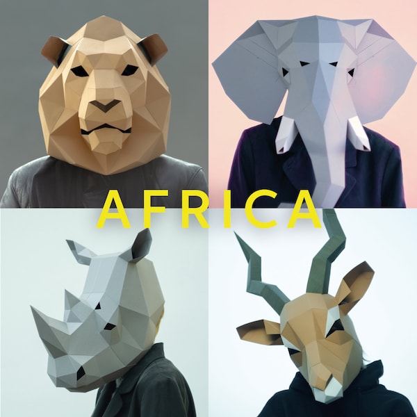 Afrikanische Tiermasken Set - DIY Papercraft Printable Templates, Löwenmaske, Antilopenmaske, Nashornmaske, Elefantenmaske, Sofort download,
