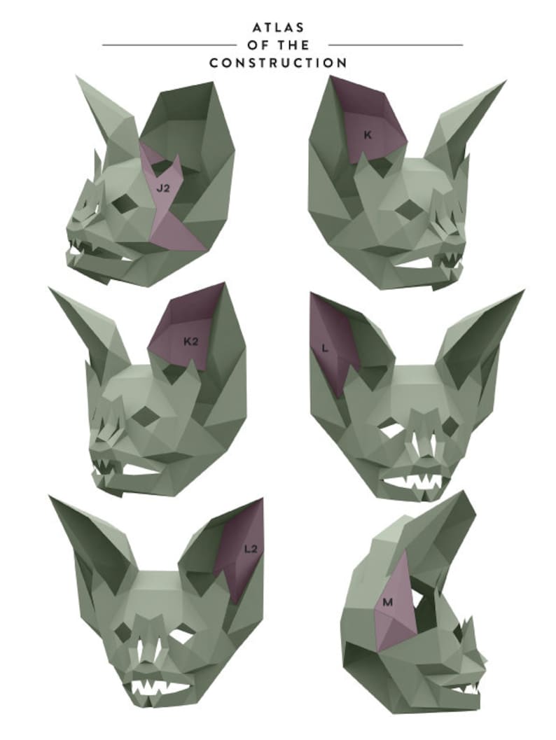 Machen Sie Fledermaus Gesichtsmaske,Polygon Maske,PDF,DIY Papier,Fledermaus Maske,Papierhandwerk,Vorlage,Druckbare Helm,3D Maske,Papiermaske,Party,Halloween-Kostüm, Bild 3