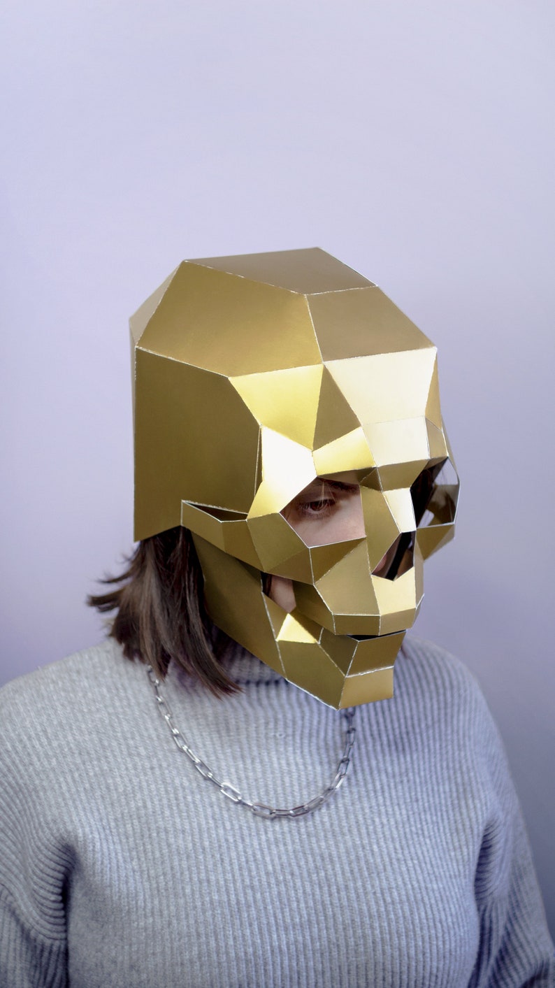Skull Mask DIY, Papercraft Printable Template to create a DIY Low poly 3D accessory for a Halloween Skeleton costume, Skull Helmet image 3