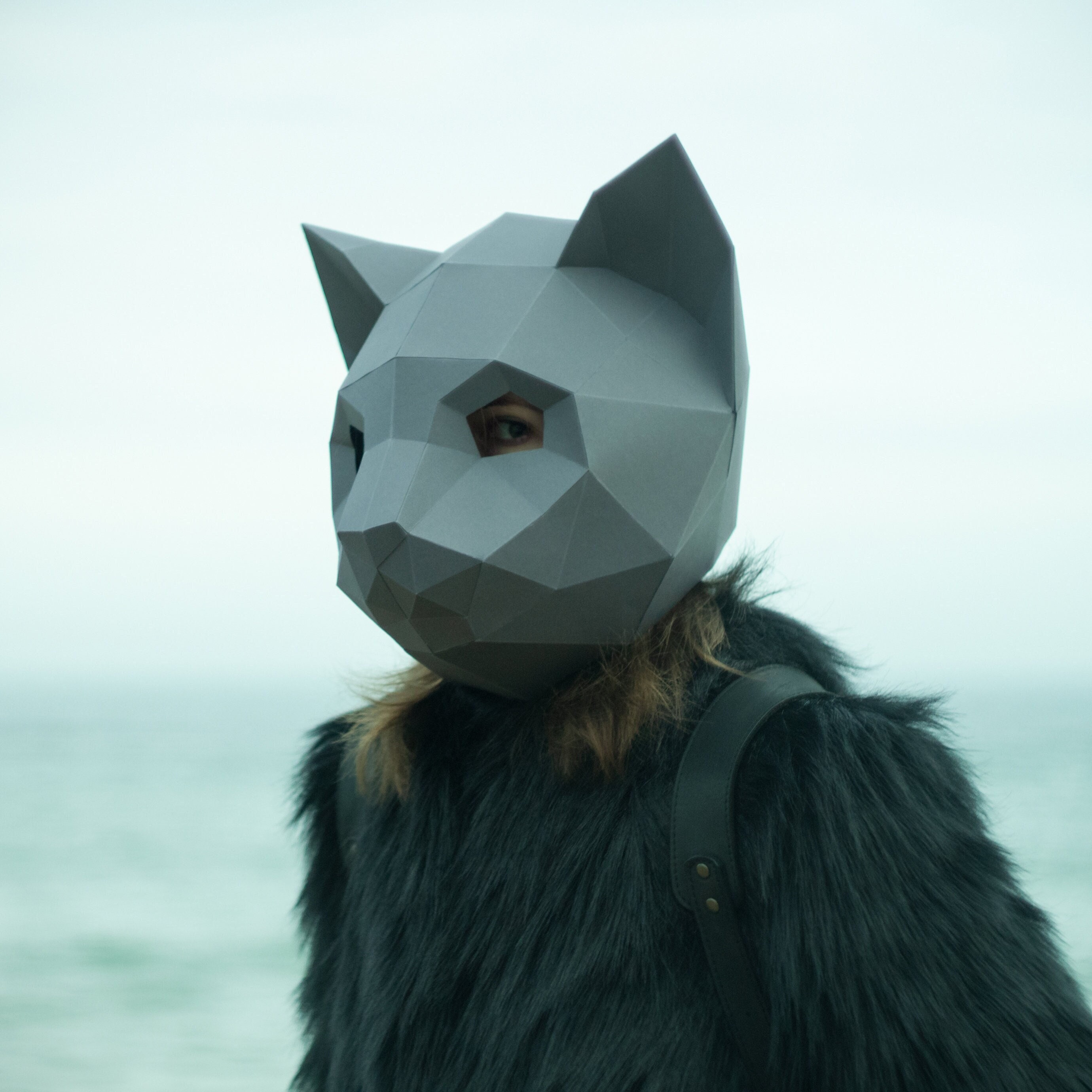 Cat Half Mask, Paper Animal Mask PDF and SVG Pattern. Low Poly