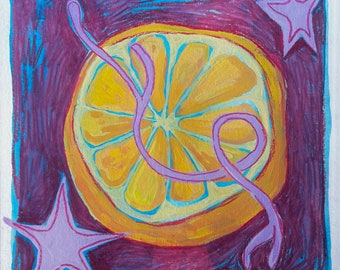 6x6 BIG LEMON SLICE 2 • watercolor and colored pencil painting original piece of artwork • kitchen art