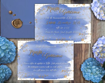 Custom Wedding Participation Kit - Printed or Digital File - Blue Gold Theme - (menu, marked, placeholder, jam-sealed signs)