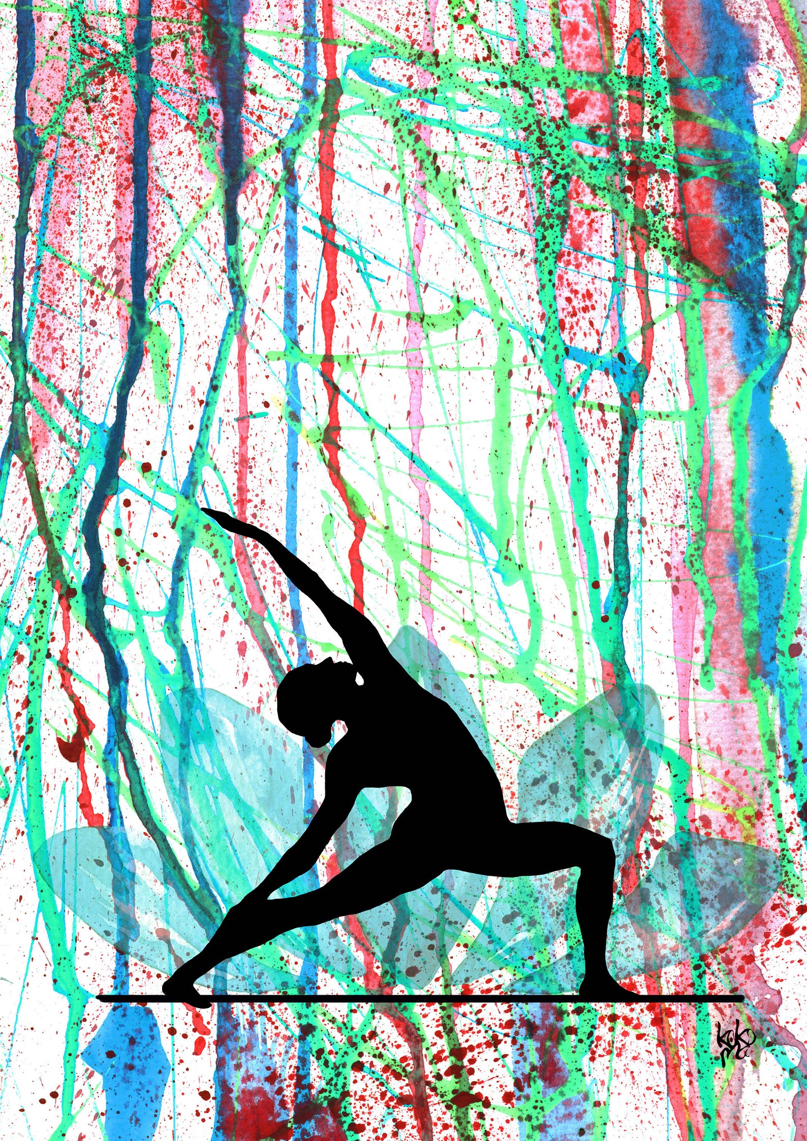 Yoga poses bundle/ Set of 3/ Drip paint/ Silhouette/ Wall art/ Etsy