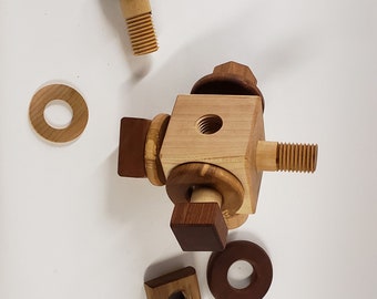 Wooden Activity Cube Nuts and Bolts Montessori toy