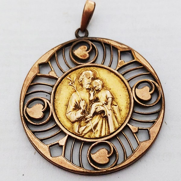 Antique Beautiful Medallion Pendant medal Saint Joseph with the Child Jesus, relief, Bronze - Art nouveau