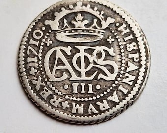 Silver coin of King Charles III, Spanish pirate treasure - 1710 - genuine coin - Historical Christmas gift - museum quality coin