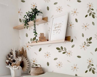 Papel tapiz para habitación de bebé, despegable y adhesivo, o tradicional: estampado floral vintage de flores de eucalipto, margaritas, blancas y rosas, en cualquier color