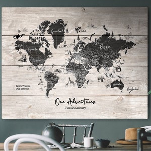 Personalised World Travel Push Pin Map - Wood Effect + Colour Options - 100 free pins