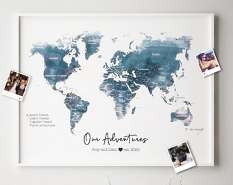 Personalised FRAMED WATERCOLOUR Travel World Map Push Pin-board