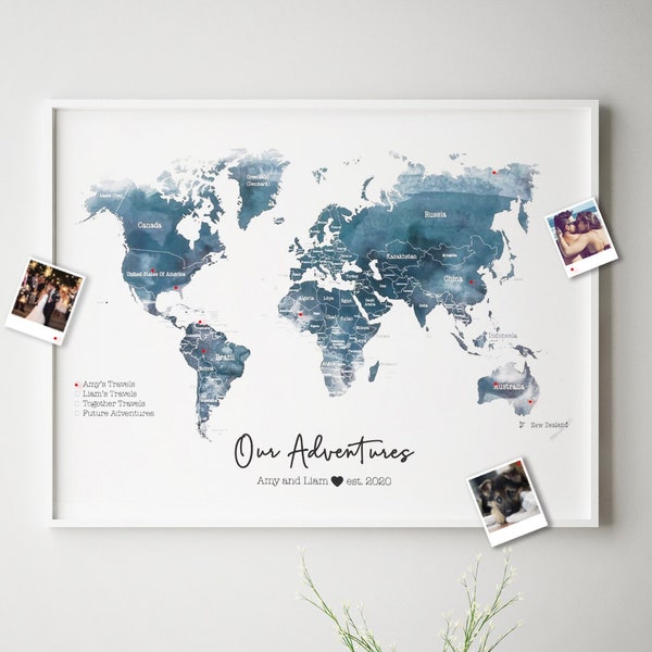 Personalised FRAMED WATERCOLOUR Travel World Map Push Pin-board