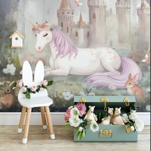 Märchenhaftes Einhorn Magischer Wald Wandbild - Schälen und Aufkleben oder Traditionelle Tapete Wandbild - Reh Rehkitz Kaninchen Häschen Prinzessin