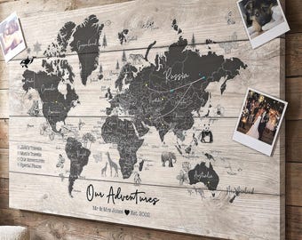 Personalised World Map Push Pin – Custom Travel Map Wall Art – Gift for Travellers, Couples, Adventure Lovers