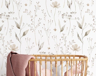 Muurschildering wilde bloemenweide | Peel & Stick bloemenbehang | Blush kwekerij neutrale bloemen | Slaapkamerdecoratie aquarel weide