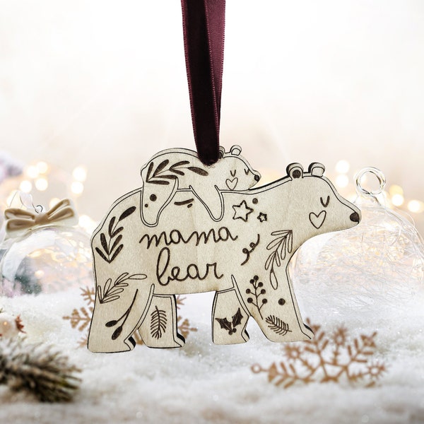 Mama Bear and Baby Bear Christmas Tree Decoration - Mum Xmas Ornament Bauble Mummy Wood Engraved Mumma