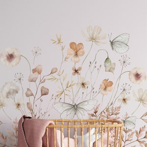 Painted Wildflower Meadow Flowers Peel and Stick and Traditional Wallpaper Wall Mural - butterfly nursery neutral