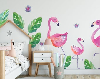 FABRIC Cute Tropical Watercolour Flamingos Nursery Adesivi murali / Decalcomanie - Camera da letto per bambini, Forest Baby Mural, New Baby, Camera per bambini