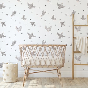 Peel and Stick or Traditional Ditsy Birdys Polka Dot Stars Monochrome Wallpaper Wall Mural - Office Home Nursery Removable wallpaper