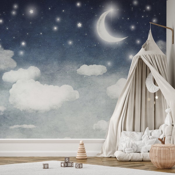 Peel and Stick and Traditional Starry Night Sky Wall Mural Nursery Bedroom Wallpaper - Stars Cresent Moon Clouds