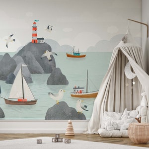 NOVITÀ! Peel and Stick / Tradizionale By The Sea Ocean Animals Nursery Baby Boy Carta da parati rimovibile - Balena Delfino Pesce Cavalluccio marino Genere neutro