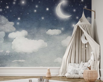 Starry Night Sky Wall Mural | Peel & Stick Nursery Wallpaper | Stars Moon Clouds Kids Bedroom Decor | Removable Celestial Wall Art