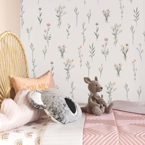 Painted Wildflower Meadow Flowers Peel and Stick or Traditional Wallpaper Wall Mural - blush nursery neutral