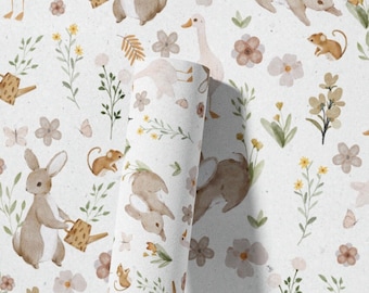 Peel and Stick or Traditional Nursery Wallpaper - Vintage Peter and Flopsy Rabbit Bunny Watercolour Flower Floral Pattern ANY COLOUR