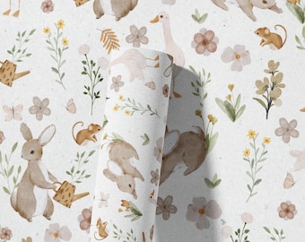 Vintage Peter & Flopsy Rabbit Nursery Wallpaper | Watercolour Bunny Floral Wall Mural