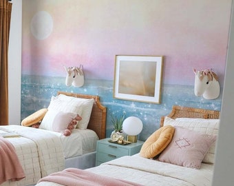 Boho Dreamy Sea and Sky Beach Peel and Stick or Traditional Wallpaper Watercolour -  Pink Blue Pastel Peach Rainbow