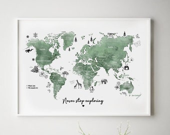 Personalised World Map Pin Board | Framed Watercolour Travel Map | Push Pin Map Gift | Wedding & Anniversary Travel Gift | ANIMALS