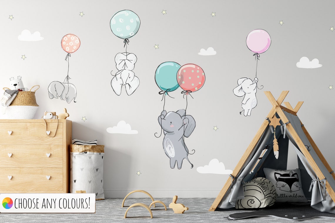 FABRIC Cute Elephants with Balloons Nursery Wall Stickers / Etsy