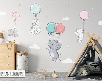 Wandaufkleber Elefanten mit Luftballons | Baby Elefant Wandaufkleber | Kinderzimmer Dekor Kinder Schlafzimmer Wandkunst | Abnehmbare Wandtattoos