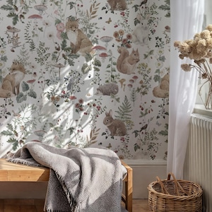 Papier peint amovible autocollant ou traditionnel animaux de la forêt, chambre d&#39;enfant, renard hérisson, écureuil, lapin