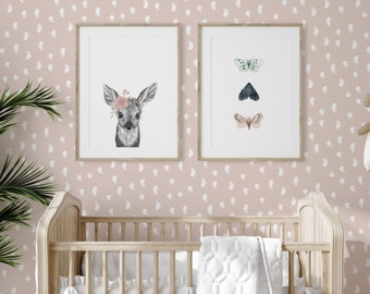 Peler et coller ou cerf traditionnel Animal Pattern Dots Dots Polka Dot Blush White Wallpaper Wall Mural - Office Home Nursery