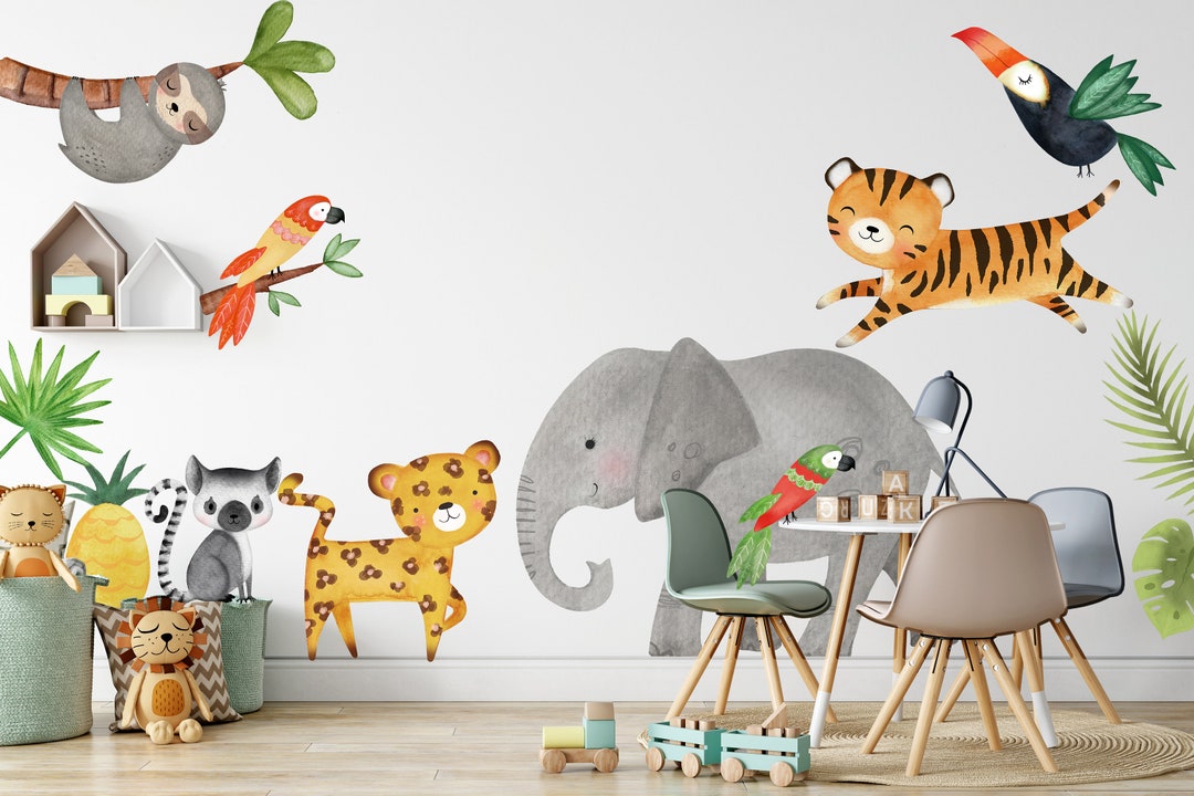 Jungle Animal Wall Peel and Stick Removable Decals Watercolour - Tiger ...
