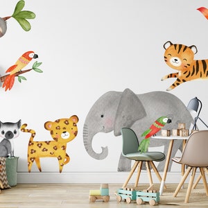 Jungle Animal Wall Peel and Stick Decalcomanie rimovibili Acquerello - Tiger Elephant Sloth Parrots