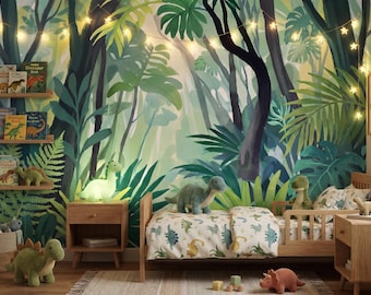 Enchanted Tropical Jungle Wall Mural | Rainforest Wallpaper | Safari Nursery & Kids Bedroom Wall Decor | Peel and Stick or Traditional