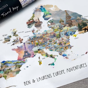 May include: A personalised scratch-off map of Europe, with vibrant illustrations of landmarks and cities. The map includes the text "BEN & LAURENS EUROPE ADVENTURES" and "Scratch Travel Map".