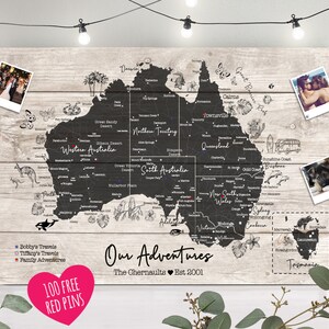 Personalisierte LANDKARTE AUSTRALIEN Reise-Push Pin Karte Detailiert mit Tieren - Holzeffekt + Farboptionen - 100 kostenlose Pins - 100 gratis Pins