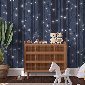 Peel and Stick and Traditional Starry Night Sky Wall Mural Nursery Bedroom Wallpaper - Stars Cresent Moon trees