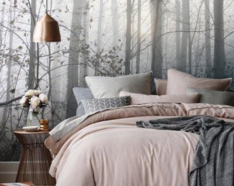 Peel and Stick Misty Forest Trees Wall Mural, Removable or Traditional Wallpaper, Peel + Stick, Wall Covering, Repositionable, Self adhesive