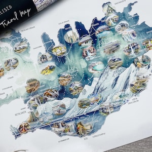 Aquarelle personnalisée à gratter dessinée à la main ISLANDE - Cadeau islandais nordique