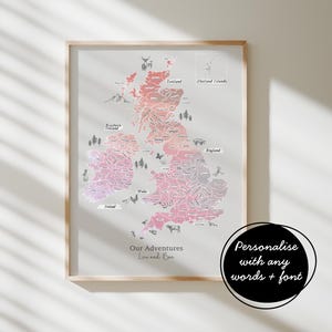 Aquarelle personnalisée à gratter dessinée à la main, carte du Royaume-Uni de l'Angleterre, de l'Irlande, de l'Écosse - Couleurs des embruns - Couleurs de la licorne