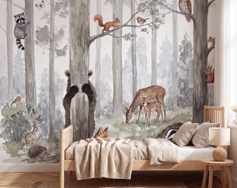 Woodland Forest Animals Wall Mural | Peel & Stick Nursery Wallpaper | Deer Bear Fox Rabbit Baby Room Decor | Gender Neutral Kids Wallpaper