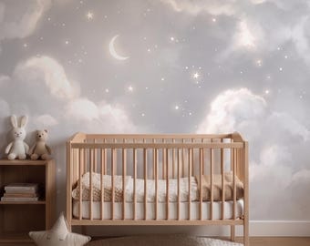 Peel and Stick Dreamy Star Clouds Wall Mural | Neutral Beige Up in the Clouds Nursery Wallpaper | Moon & Stars Kids Bedroom Feature Wall