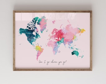 May include: A pink and blue watercolor world map with the text "Can I go where you go?" printed below the map. The map is framed in a light brown wood frame.