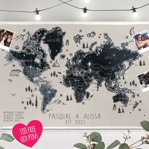 Celestial Night Sky Drawn Travel Map Personalisierte Welt - 100 kostenlose Push-Pins - Geschenk für ihn oder sie Jahrestag, Weihnachten, personalisiert