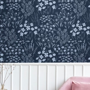 Painted Wildflower Meadow Flowers Peel and Stick or Traditional Wallpaper Wall Mural - Dark Blue Navy Cobalt