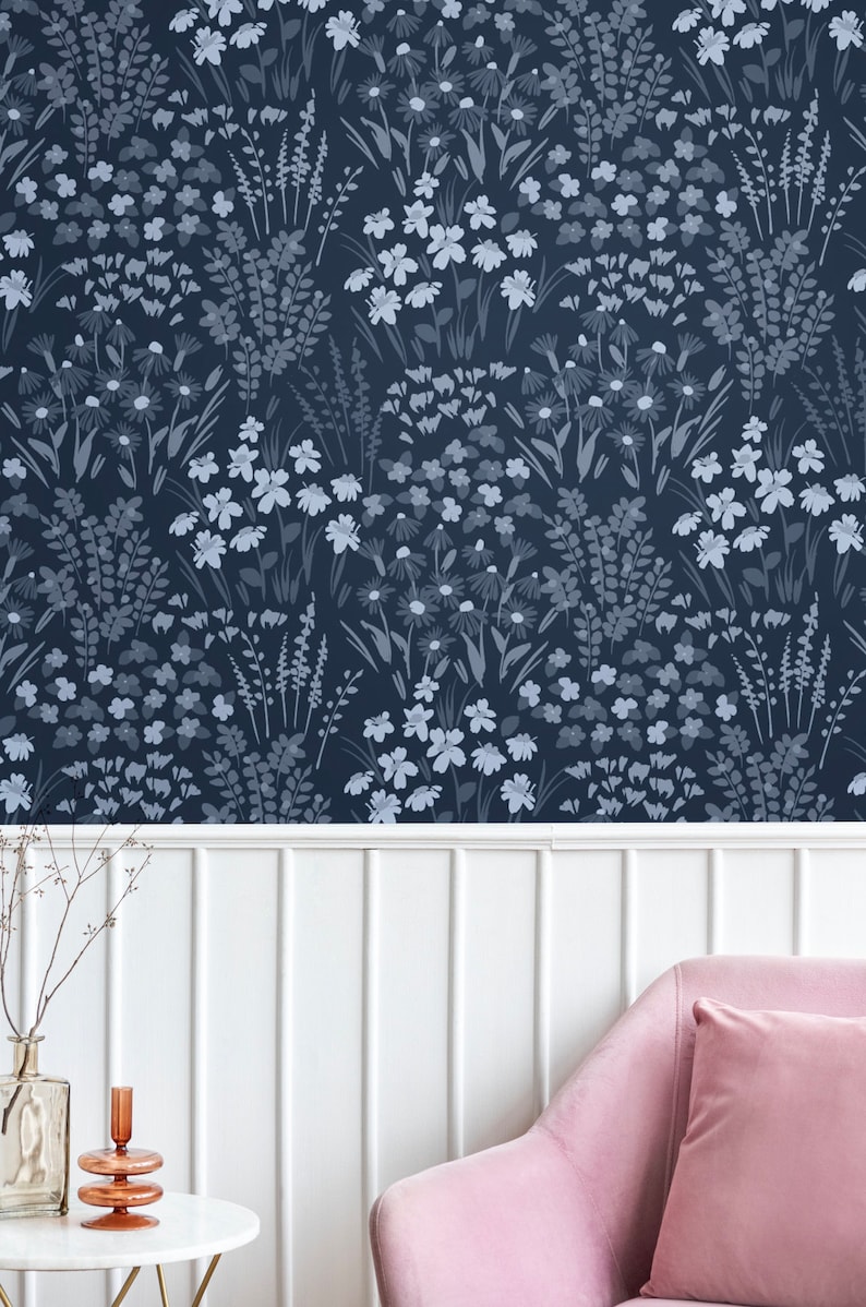 Painted Wildflower Meadow Flowers Peel and Stick or Traditional Wallpaper Wall Mural - Dark Blue Navy Cobalt