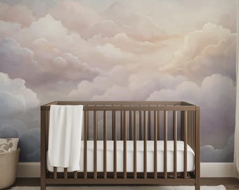 Dreamy Star Clouds Wallpaper Mural | Nursery Peel & Stick Wallpaper | Beige Silver Sky Baby Room Decor | Up in the Clouds Wall Mural